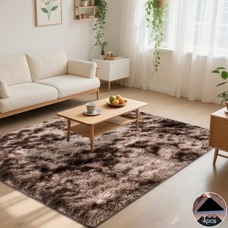 Brown Tie-Dye Shag Rug, Soft Plush Carpet with 4 Non-Slip Pads, Multiple Sizes for Bedroom or Living Room