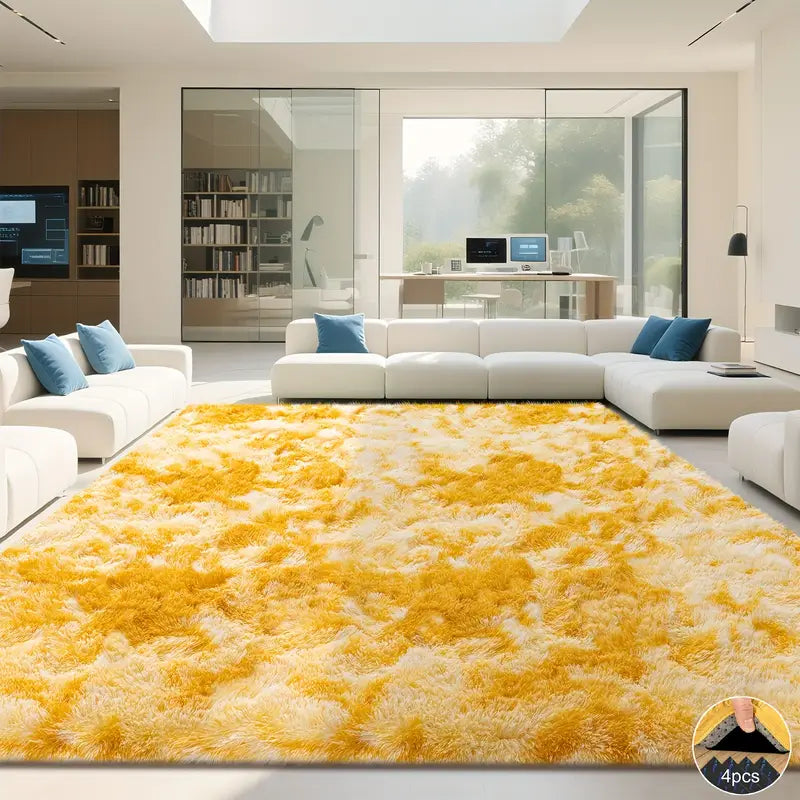 Tie-Dyed Yellow Area Rug with 4 Reusable Stickers, Soft Shaggy Non-Slip Mat for Home Decor