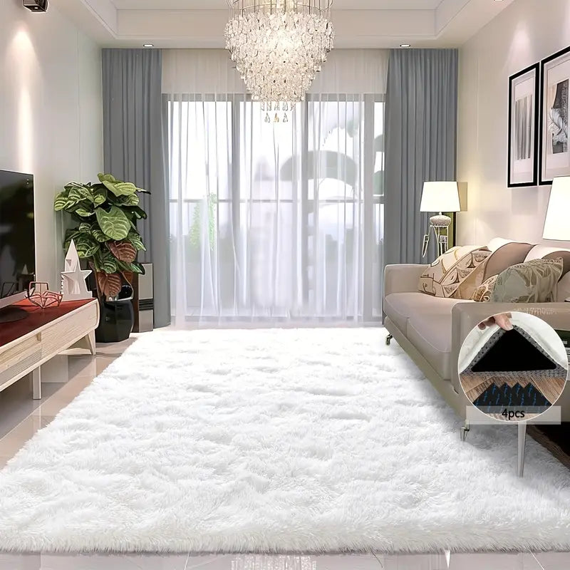 White Shaggy Area Rug with 4 Reusable Stickers, Super Soft Fluffy Non-Slip Carpet for Living Room