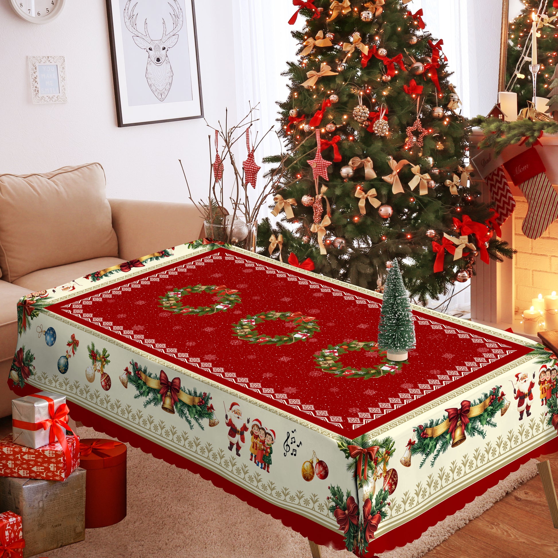 Christmas Tablecloth with Santa, elk and Wreath Designs, Dustproof Dining Table Cover for Holiday Decor