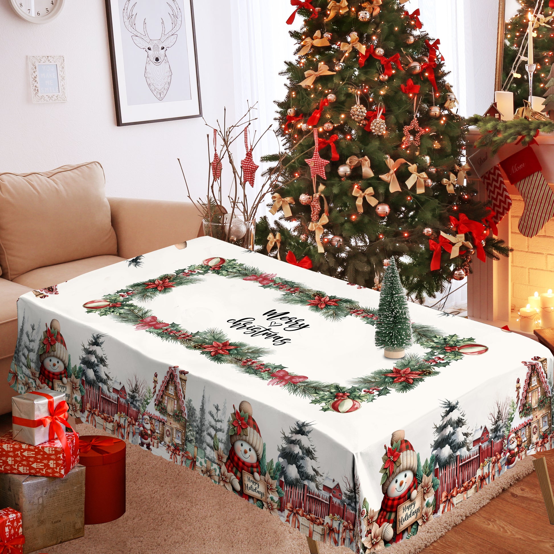 Christmas Tablecloth with Santa, elk and Wreath Designs, Dustproof Dining Table Cover for Holiday Decor