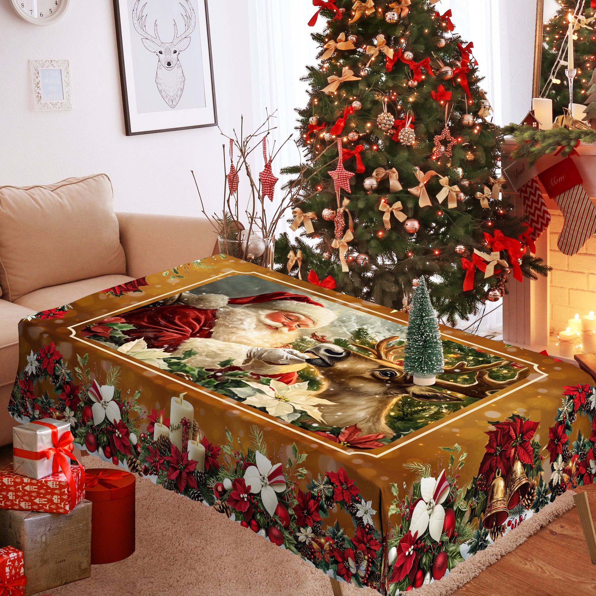 Christmas Tablecloth, Santa Claus and Christmas tree Stain-Resistant Table Cover for Dining Table Holiday Decor