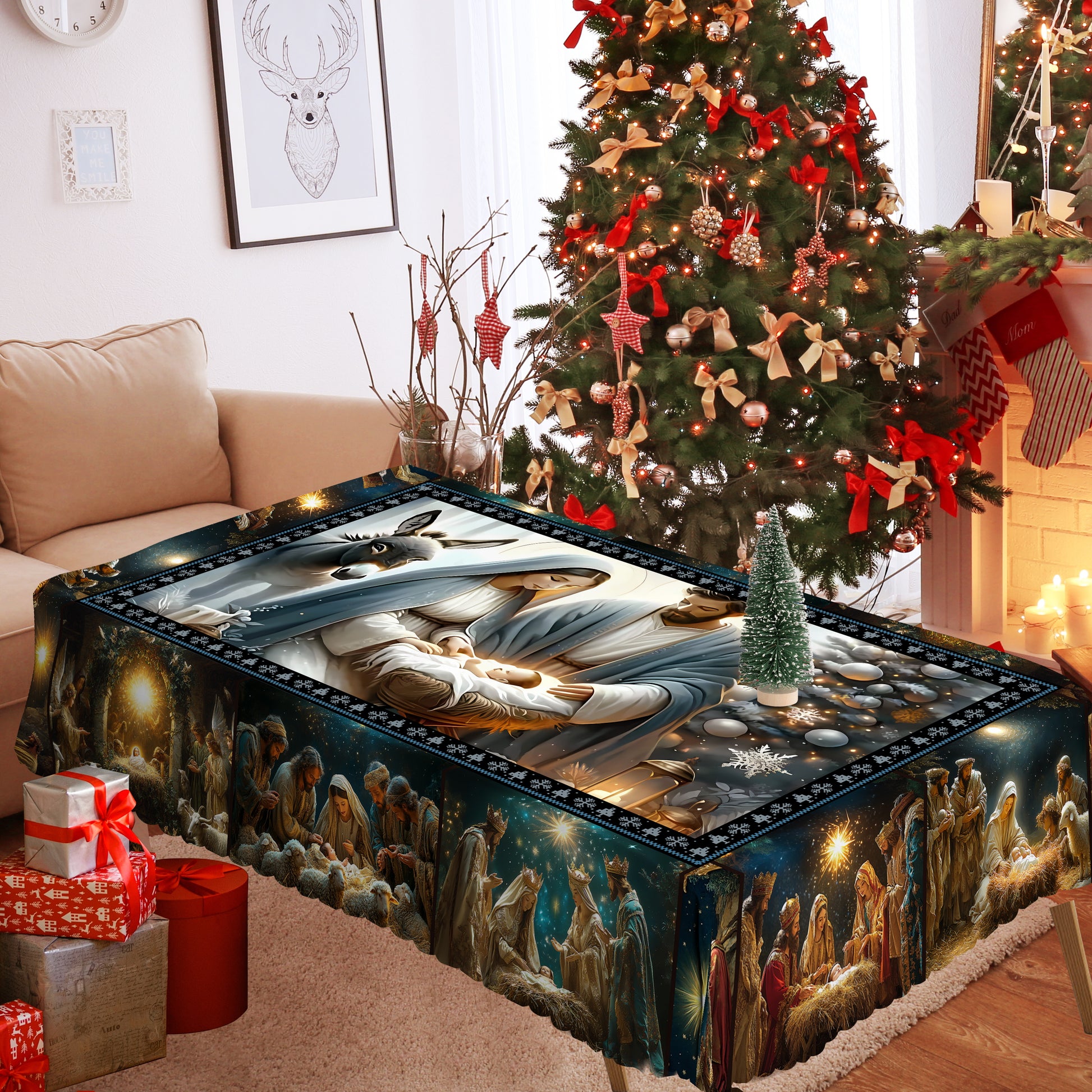 Christmas Tablecloth, Snowman Snowflake Stain-Resistant Dining Table Cover for Holiday Decor