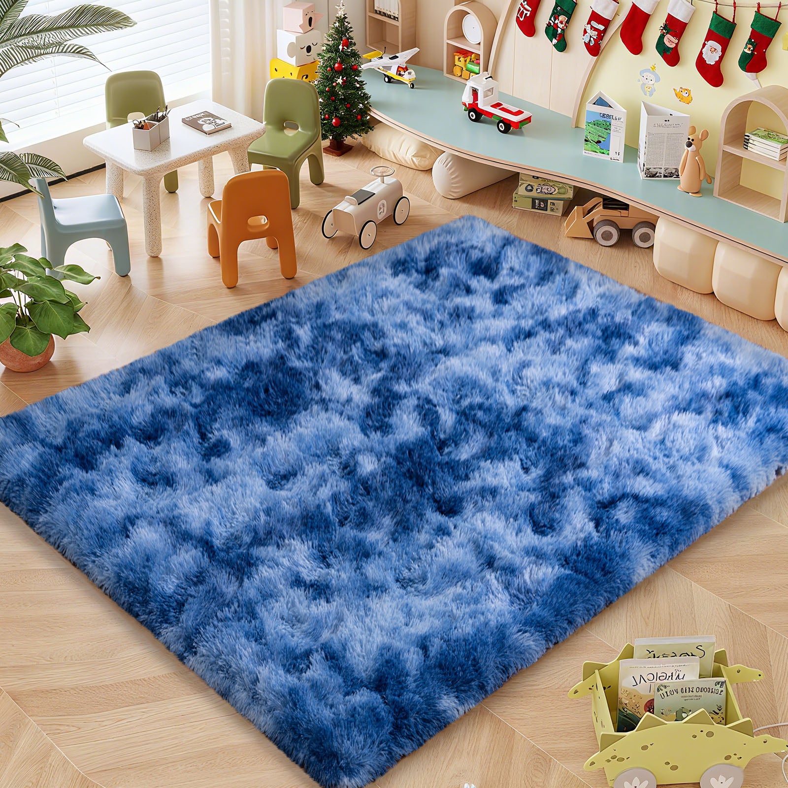 Extra Large Plush Shag Area Rug, 1.7" Thick Ultra Soft Non-Slip Tie-Dye Peacock Blue Mat