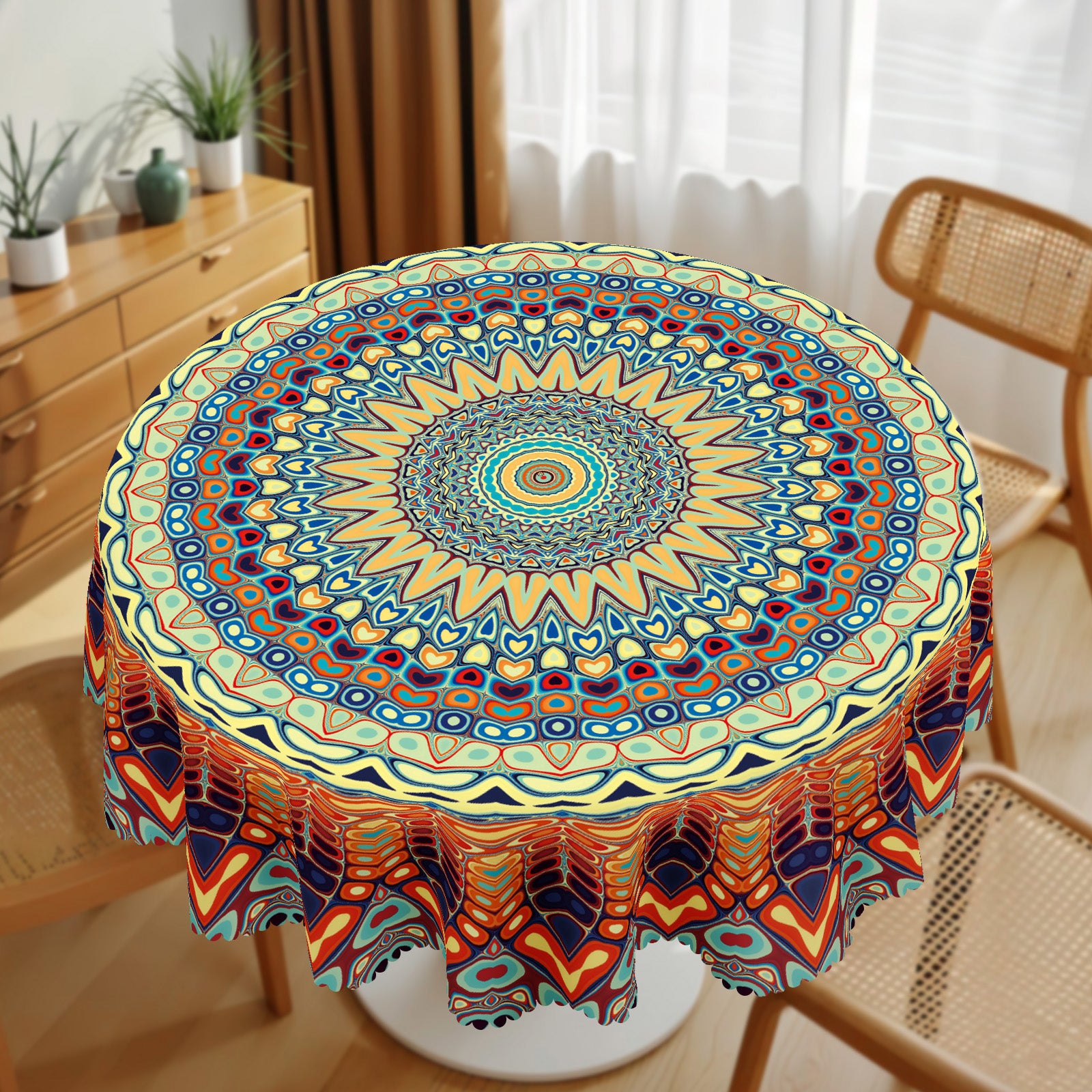 Bohemian Tablecloth with Colorful Pattern, Dustproof Easy-Care Dining Table Cover for Indoor Outdoor Use and Festive Decor