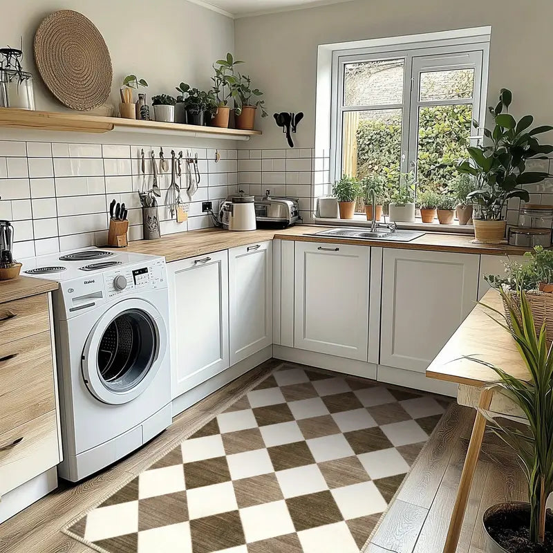 Modern Diamond Grid Beige Area Rug, Low Pile Washable Non-Slip Polyester Mat for Bedroom & Living Room