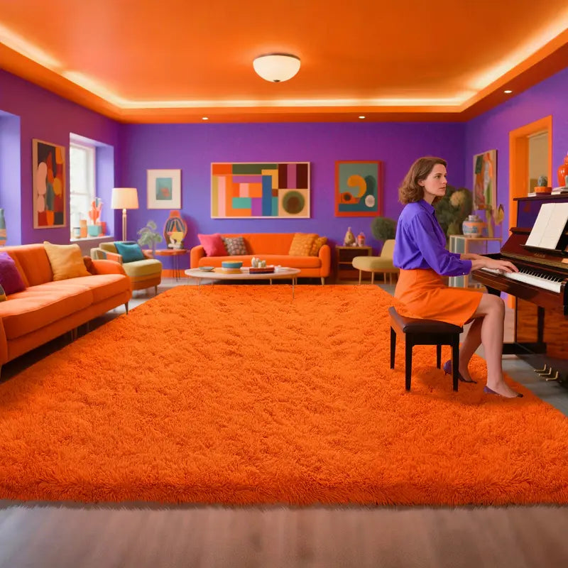 Orange Shag Rug, Ultra Soft 1.7" Thick, Non-Slip, 100% Polyester, Square & Round for Bedroom/Living Room