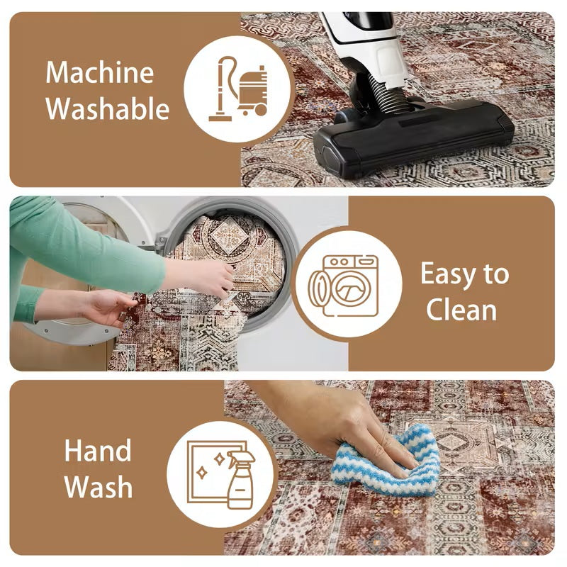 Vintage Floral Washable Area Rug, Non-Slip Low Pile Polyester Carpet for Living Room & Bedroom