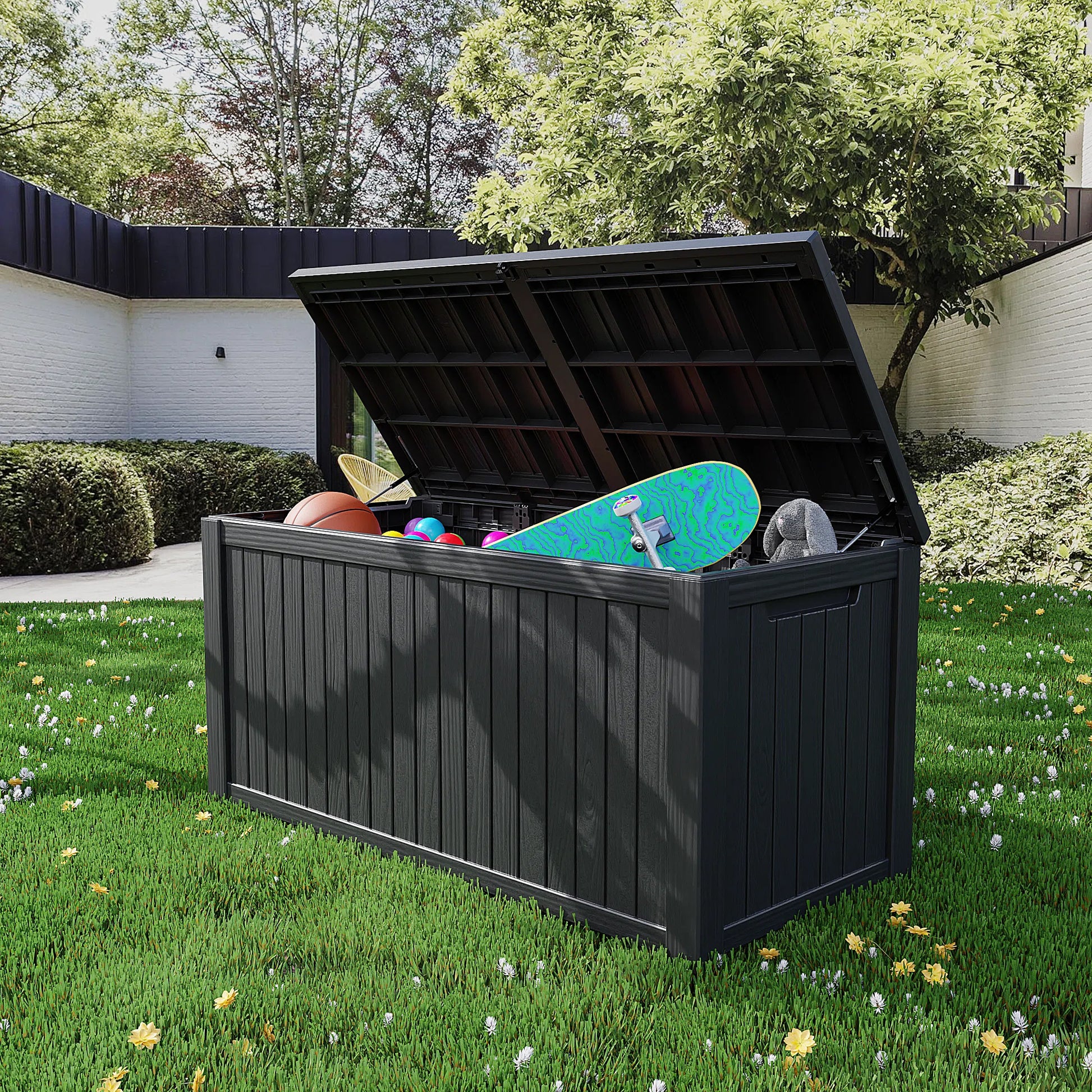 180 Gallon Resin Deck Box, Water-Resistant Lockable Outdoor Storage Box for Patio Organization