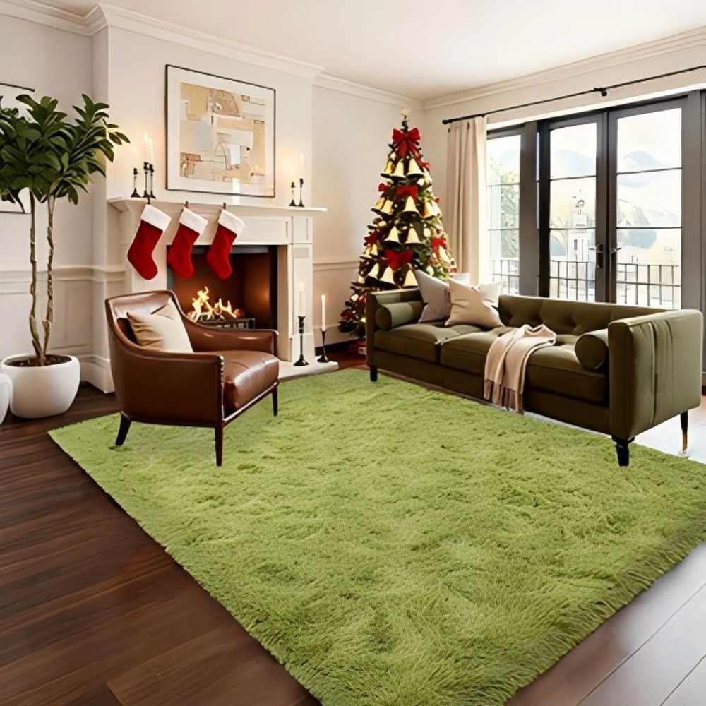 Grass Green Fluffy Shag Area Rug with Non-Slip Base & 4 Reusable Stickers, Soft Plush Mat