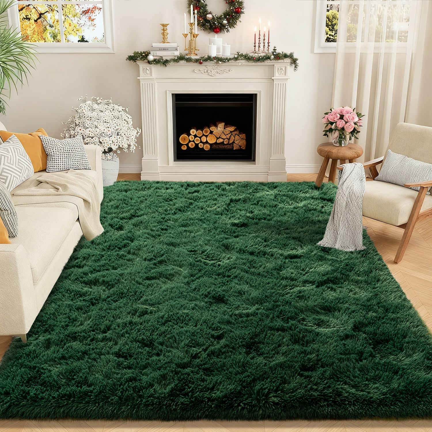 5x7ft Rugs for Living Room, Large Fluffy Dark Green Area Rugs for Bedroom, Soft Carpet Shag Kids Rug Home Decor Aesthetic