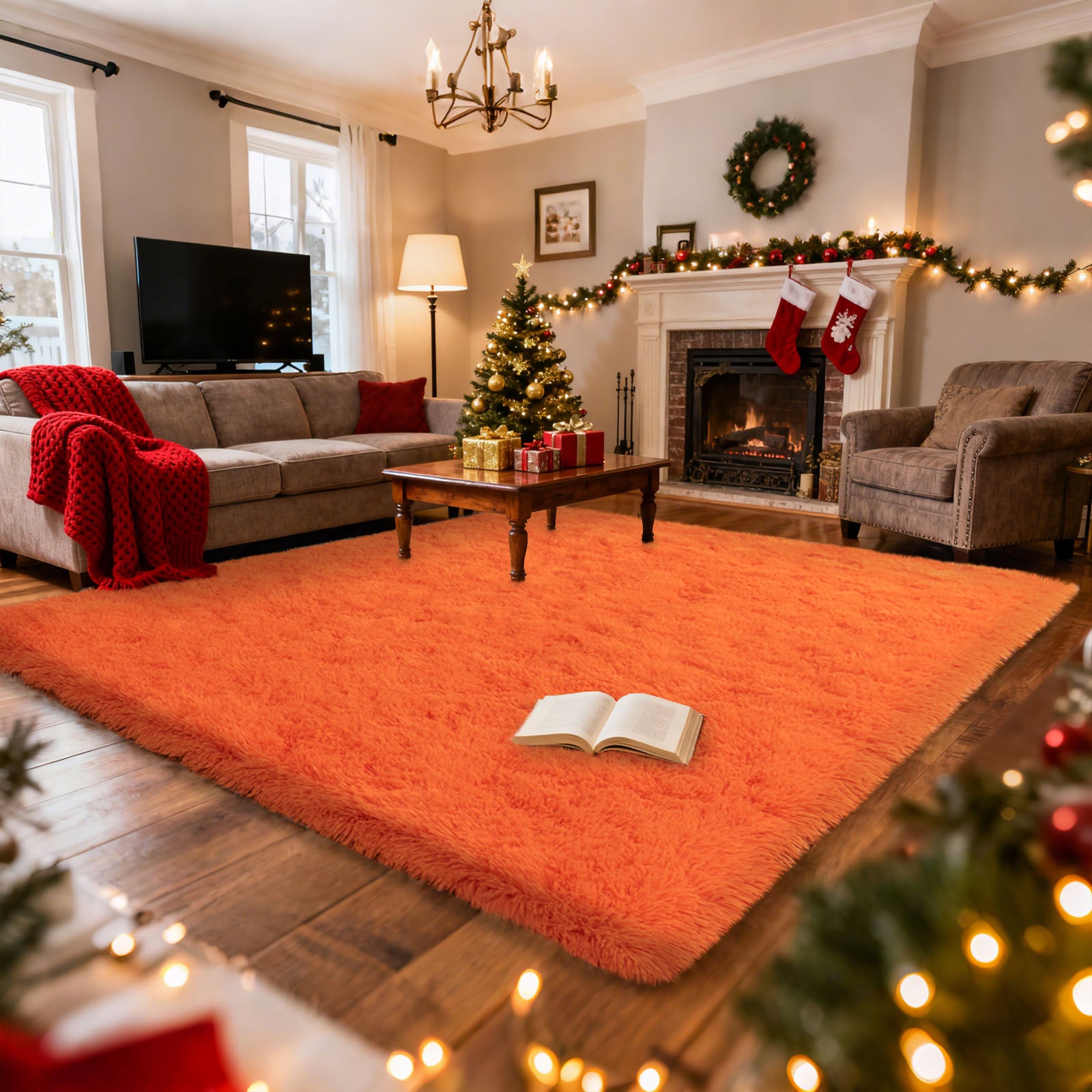 Orange Shag Rug, Ultra Soft 1.7" Thick, Non-Slip, 100% Polyester, Square & Round for Bedroom/Living Room