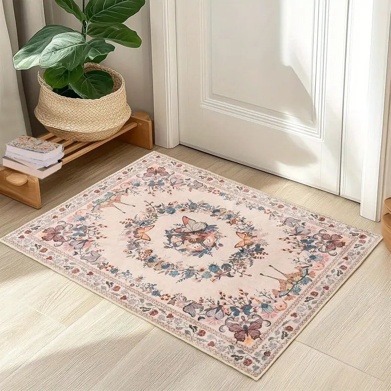 Large Beige Butterfly Floral Area Rug, Ultra-Thin Non-Slip Washable Mat for Living Room & Bedroom