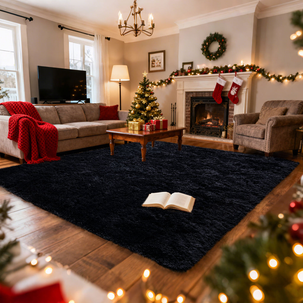 Black Shag Rug, Extra Soft 1.7" Plush Mat, Non-Slip, 100% Polyester for Bedroom or Living Room
