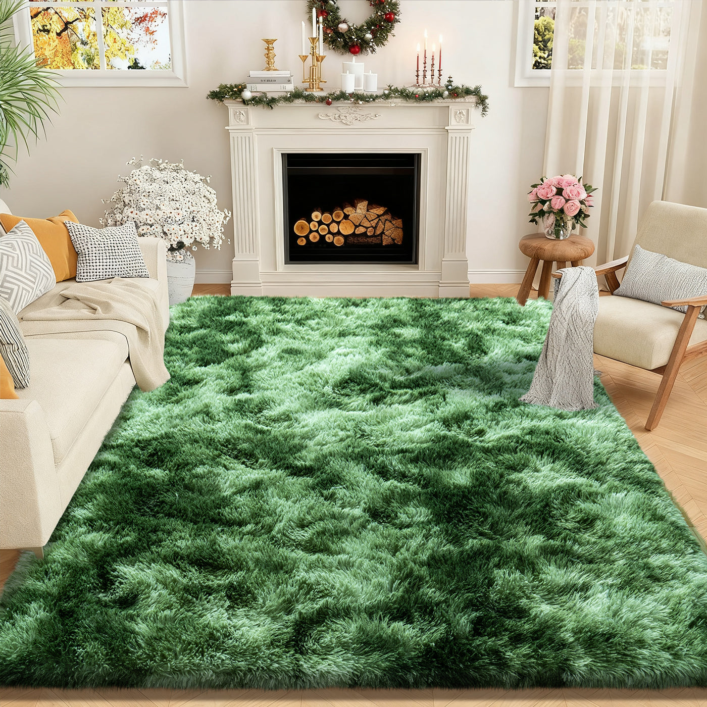 5x7ft Rugs for Living Room, Large Fluffy Dark Green Area Rugs for Bedroom, Soft Carpet Shag Kids Rug Home Decor Aesthetic