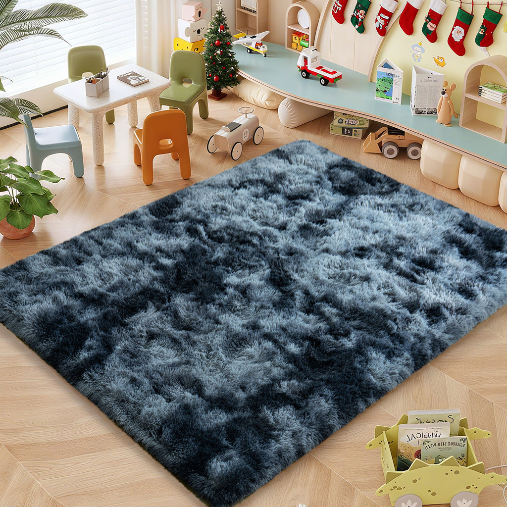 Extra Large Plush Shag Area Rug, 1.7" Thick Ultra Soft Non-Slip Tie-Dye Peacock Blue Mat