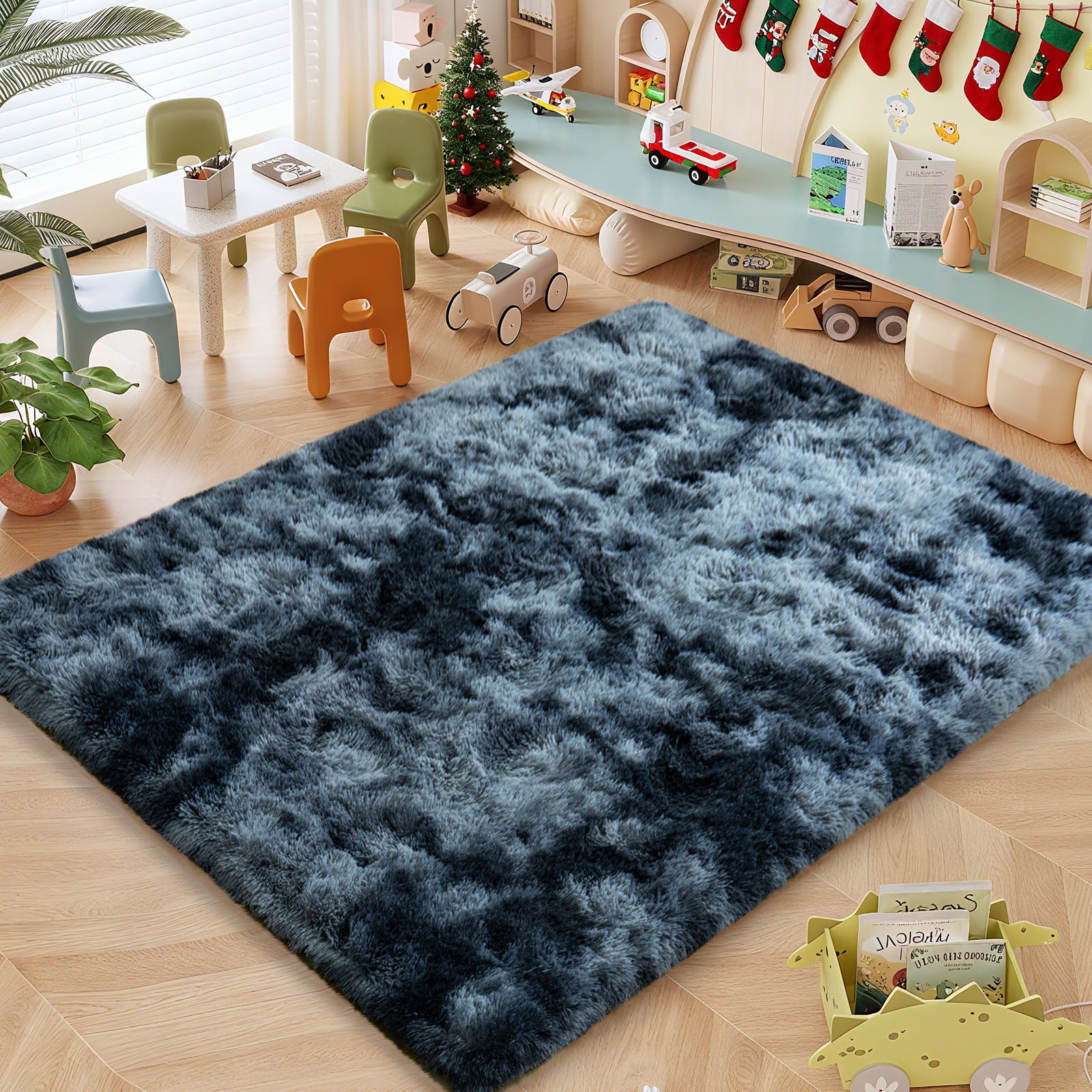 Extra Large Plush Shag Area Rug, 1.7" Thick Ultra Soft Non-Slip Tie-Dye Peacock Blue Mat