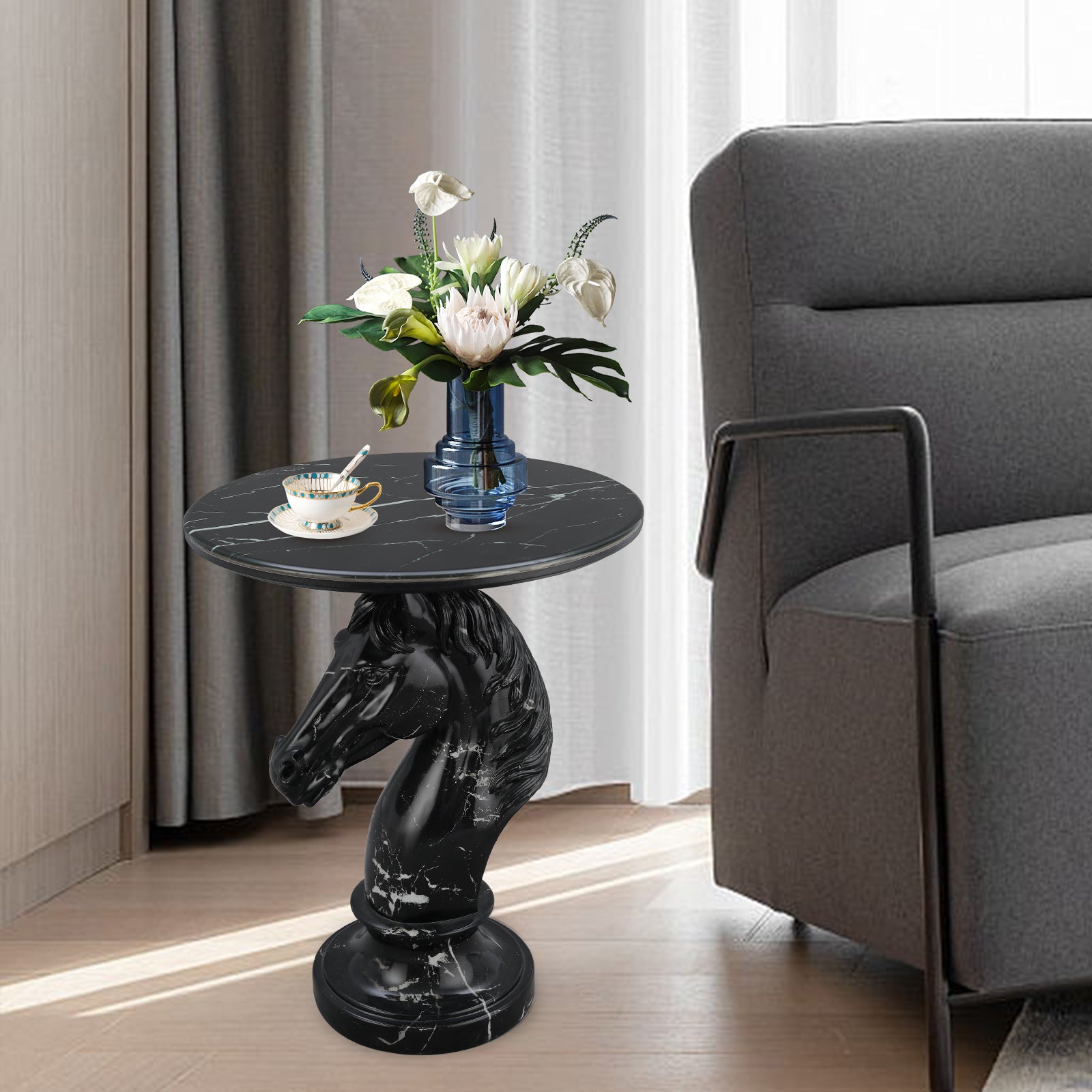 Black Horse Head Accent Table, Animal Statue End Table for Living Room