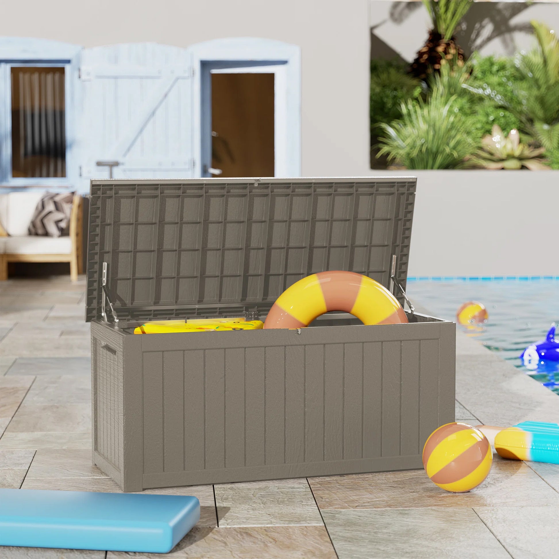230 Gallon Resin Deck Box, Water-Resistant Lockable Outdoor Storage Box for Patio Organization