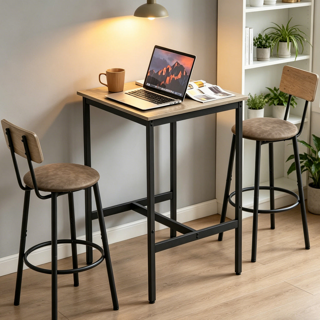 Bar Table Set with 2 PU Soft Seat Stools, Comfortable Backrest Bar Stools Set for Home Kitchen
