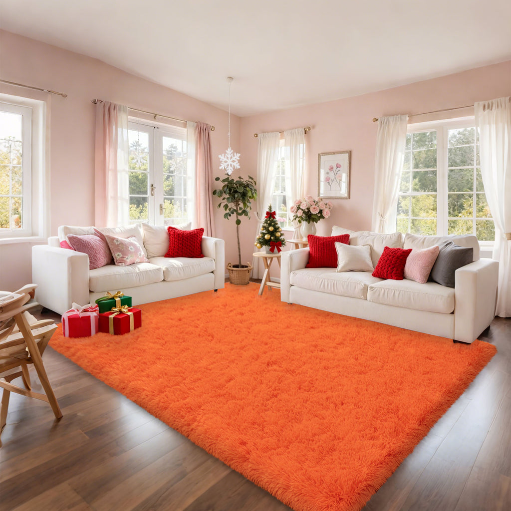 Orange Shag Rug, Ultra Soft 1.7" Thick, Non-Slip, 100% Polyester, Square & Round for Bedroom/Living Room