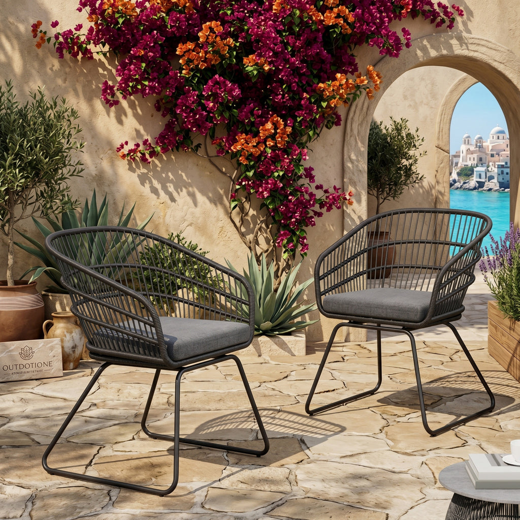 Outdoor Patio Dining Chairs Set of 2 Wicker Armchairs with Removable Cushions