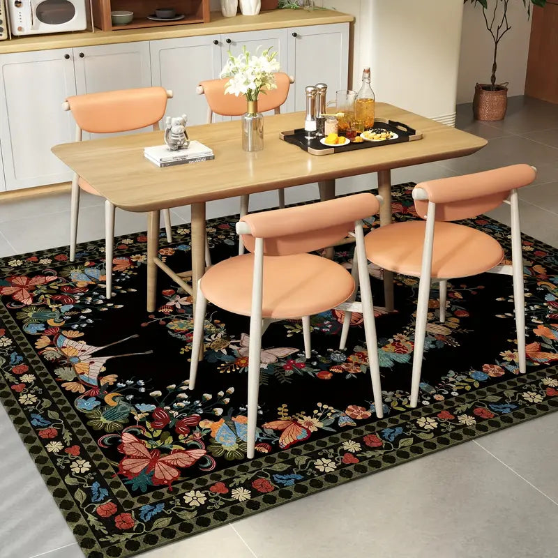 Black Butterfly Floral Washable Area Rug, Low Pile Non-Slip Indoor Carpet for Living Room & Bedroom