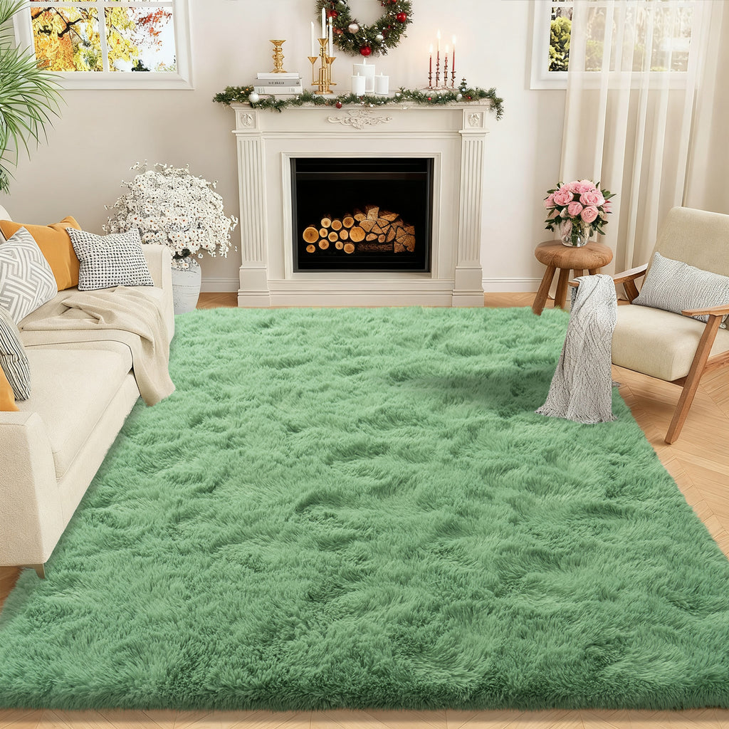 Grass Green Fluffy Shag Area Rug with Non-Slip Base & 4 Reusable Stickers, Soft Plush Mat
