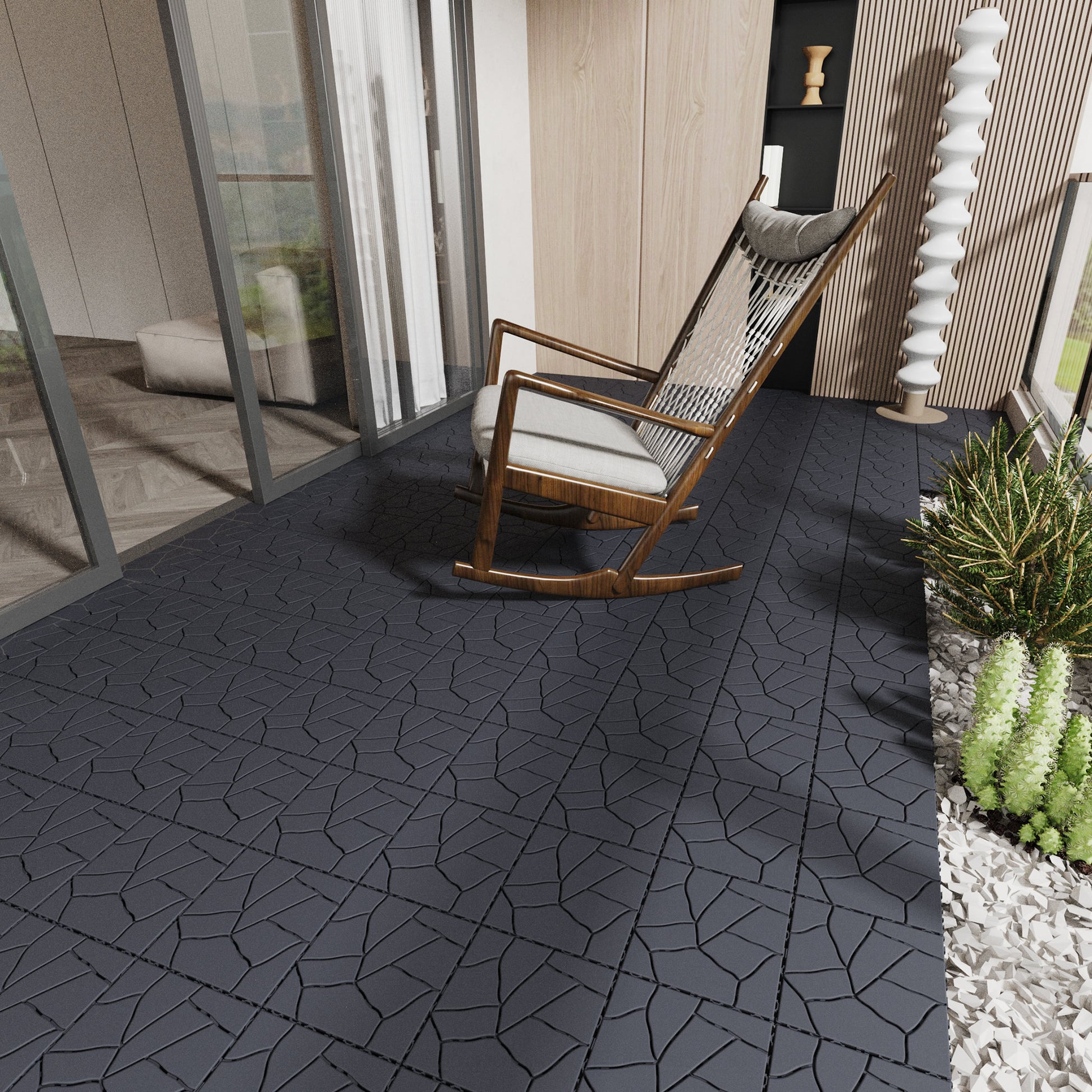 Chic Crate 44Pcs 12'' Stone Style Interlocking Patio Deck Tiles – DIY Tile, Dark Gray