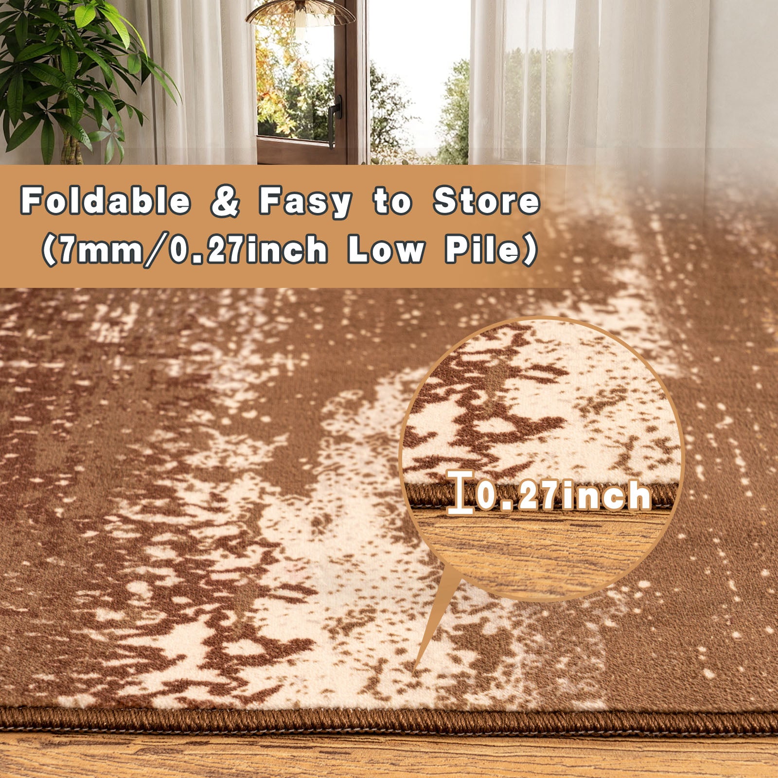 5x7ft Washable Abstract Print Area Rug, Thin Distressed Non-Slip Carpet for Living Room Bedroom, Kitchen Dining Room Decor