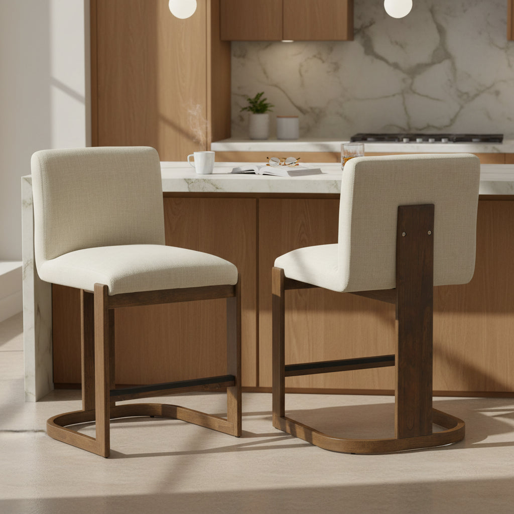 Solid Wood Counter Stools with Linen Upholstery & Walnut Finish - 24" (Set of 2)