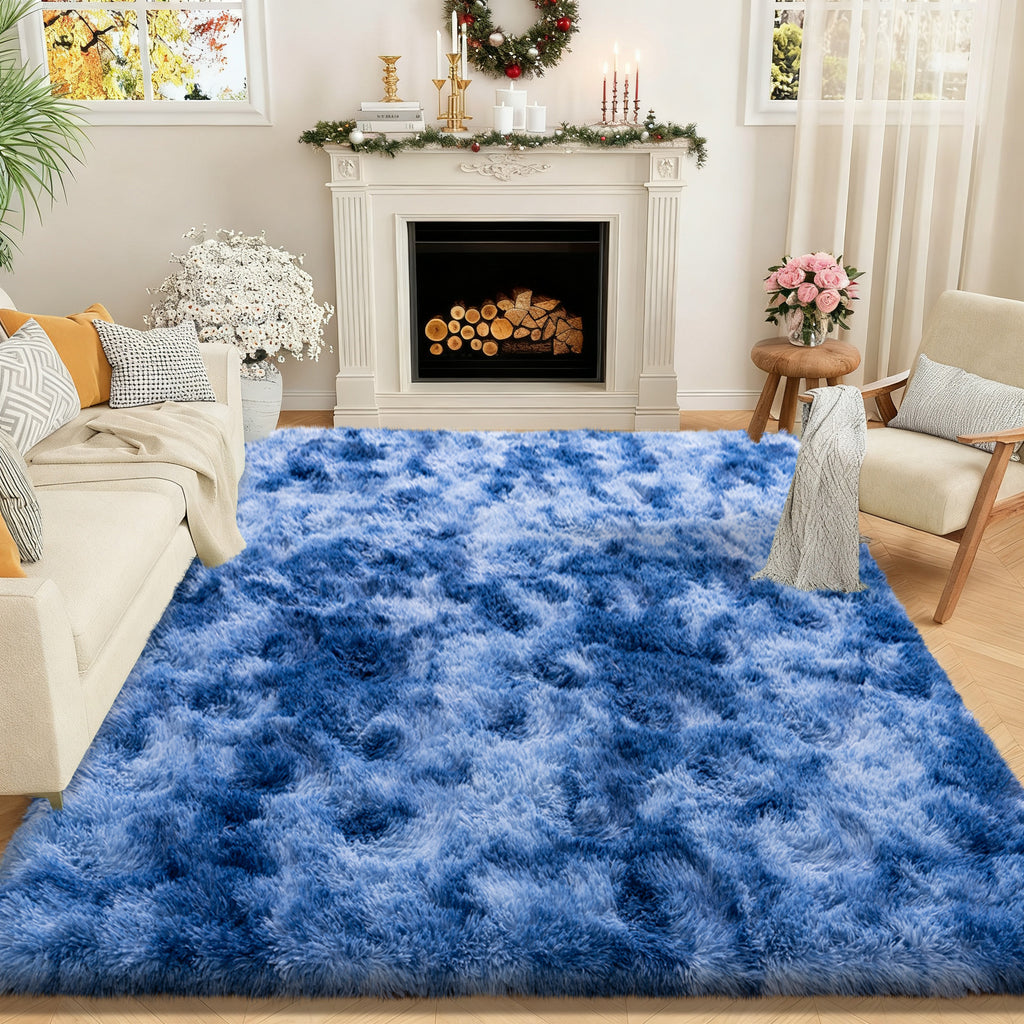 Extra Large Plush Shag Area Rug, 1.7" Thick Ultra Soft Non-Slip Tie-Dye Peacock Blue Mat
