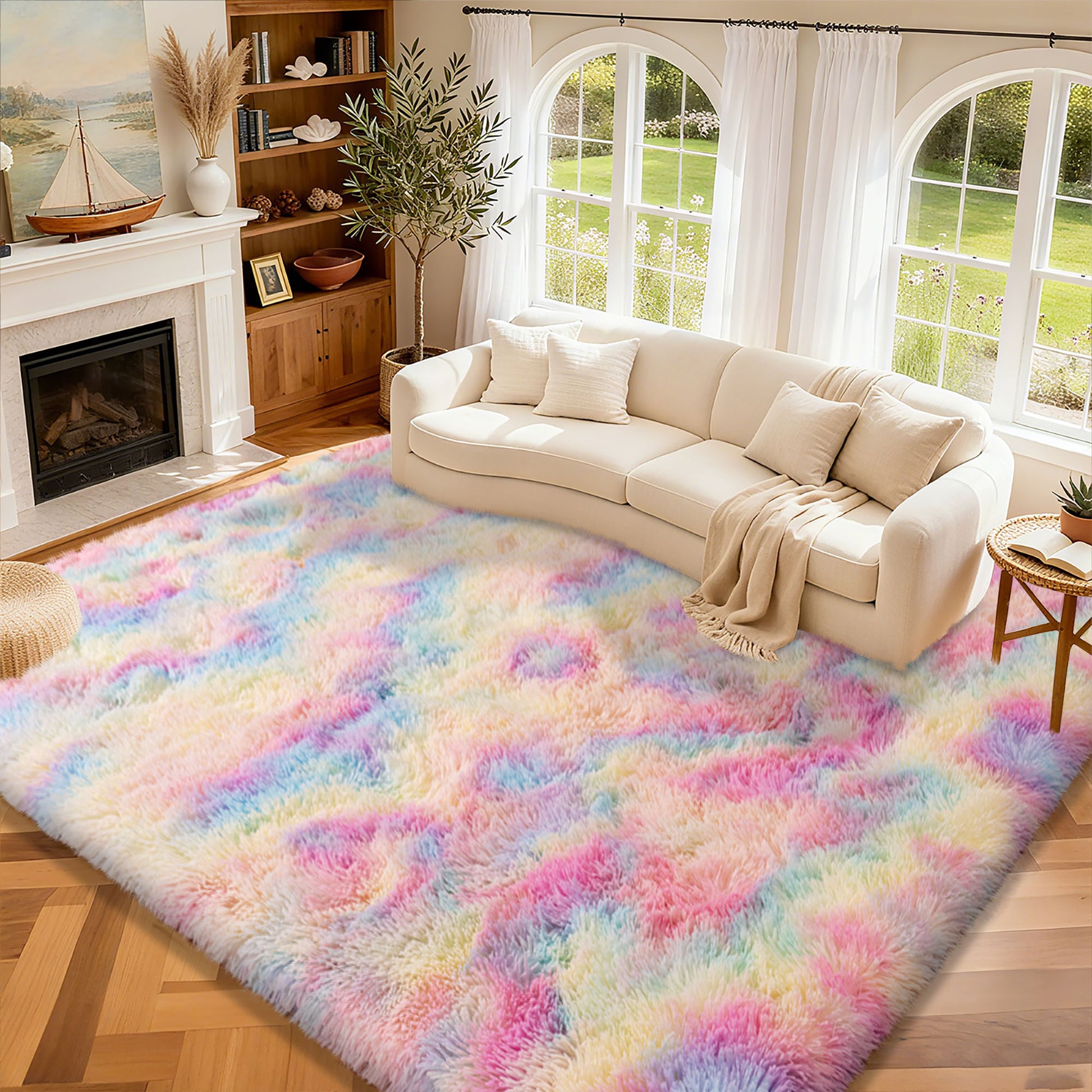 Rainbow Tie-Dye Fluffy Area Rug with Non-Slip Base & 4 Reusable Stickers, Plush Indoor Mat