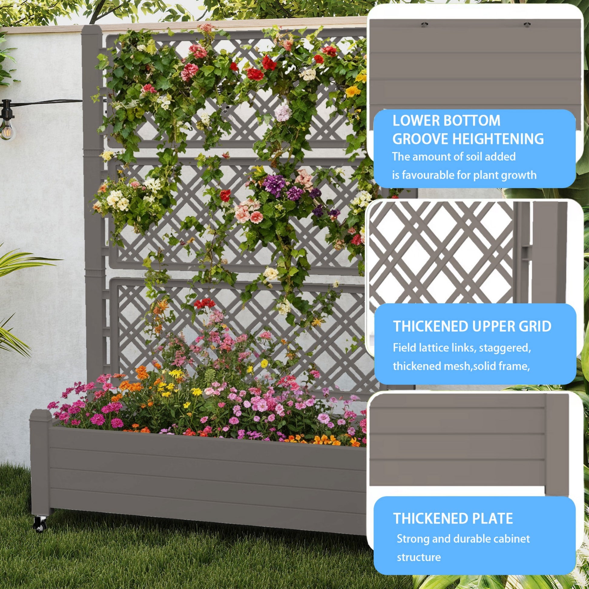 Planter Box with Trellis & Wheels, Large Raised Garden Bed, Outdoor Plastic Planter for Climbing Plants