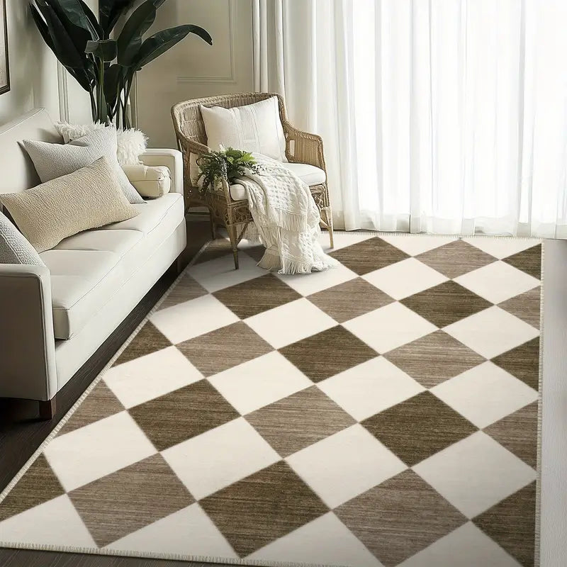 Modern Diamond Grid Beige Area Rug, Low Pile Washable Non-Slip Polyester Mat for Bedroom & Living Room