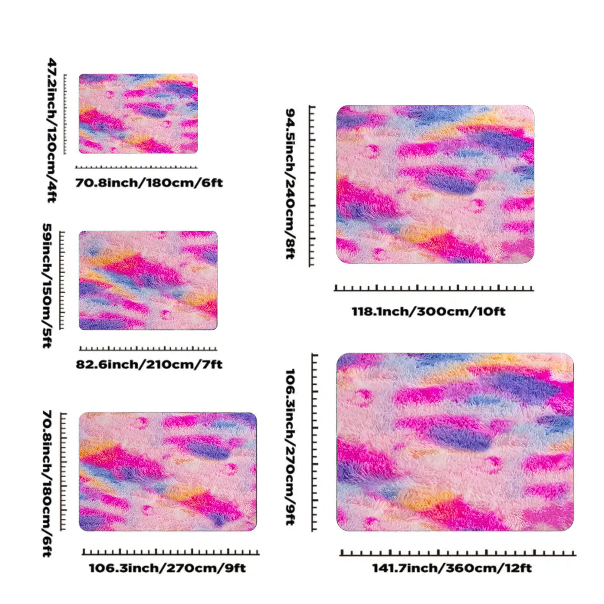 Rainbow Tie-Dyed Shag Rug, Ultra Soft 1.7" Thick, Non-Slip Backing, 100% Polyester, Multi Sizes & Shapes