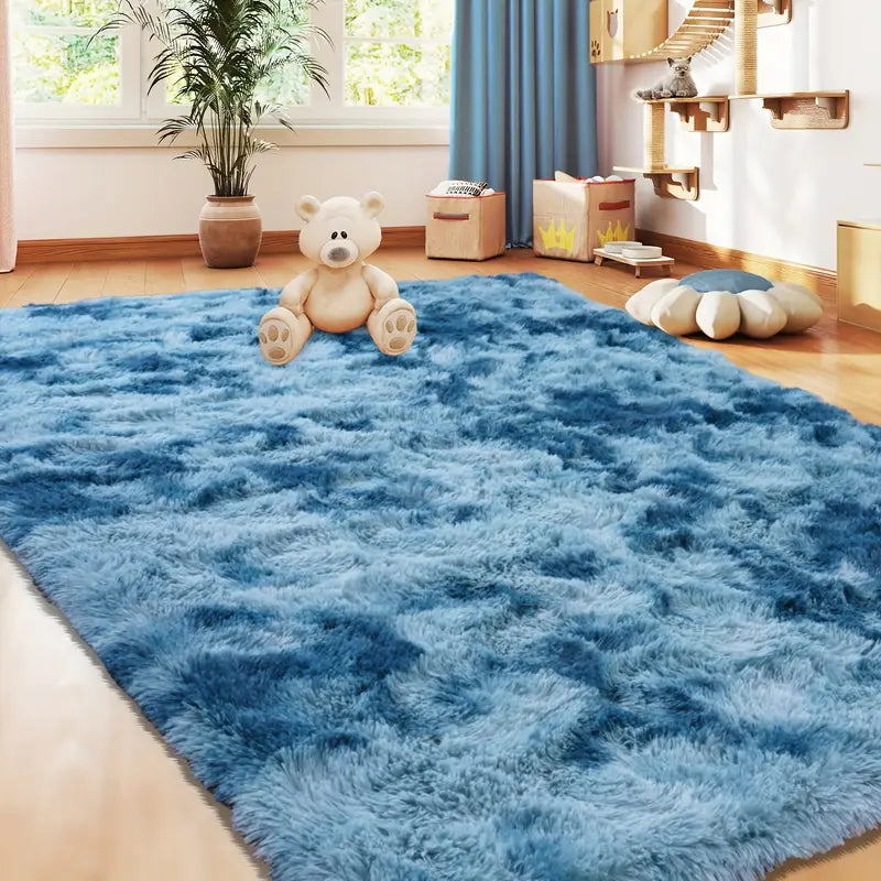 Extra Large Plush Shag Area Rug, 1.7" Thick Ultra Soft Non-Slip Tie-Dye Peacock Blue Mat
