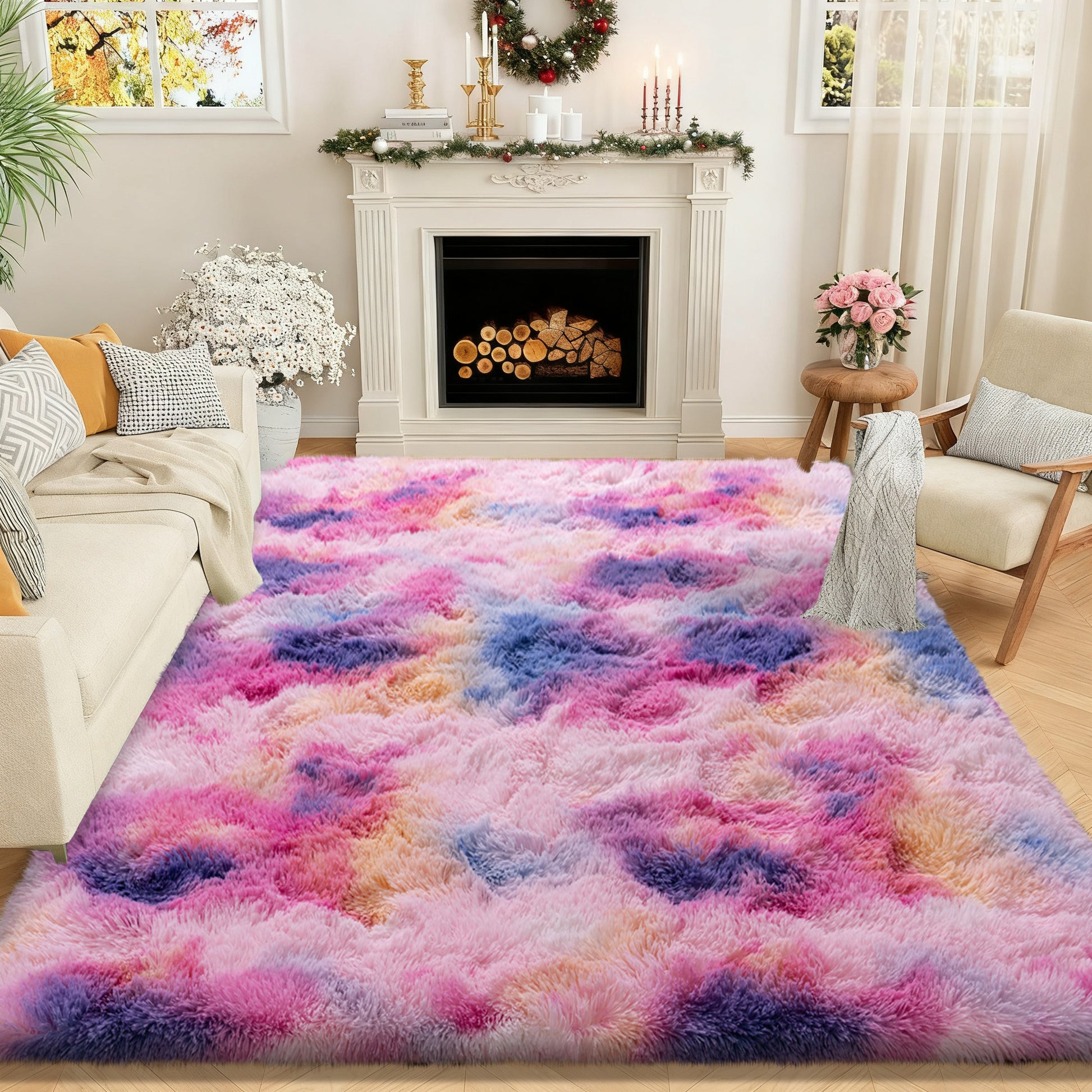 Extra Large Plush Shag Area Rug, 1.7" Thick Ultra Soft Non-Slip Tie-Dye Peacock Blue Mat