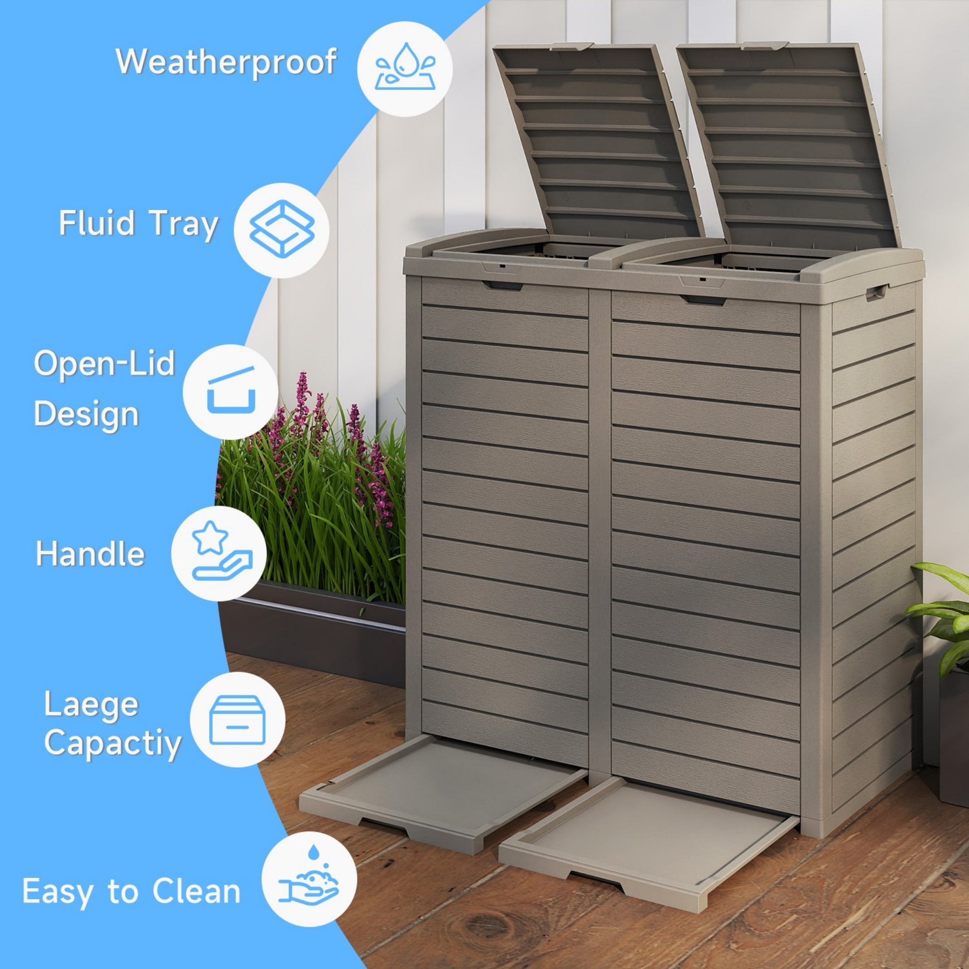Outdoor Trash Bin, Resin Manual Lift Garbage & Recycling Storage Deck Box with Lid
