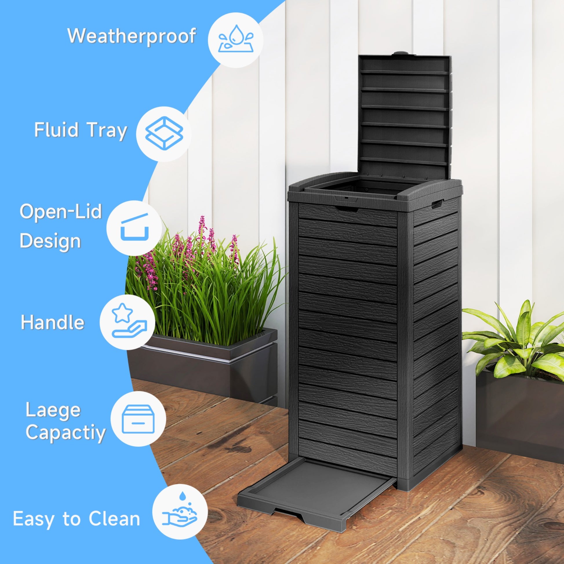 Outdoor Trash Bin, Resin Manual Lift Garbage & Recycling Storage Deck Box with Lid
