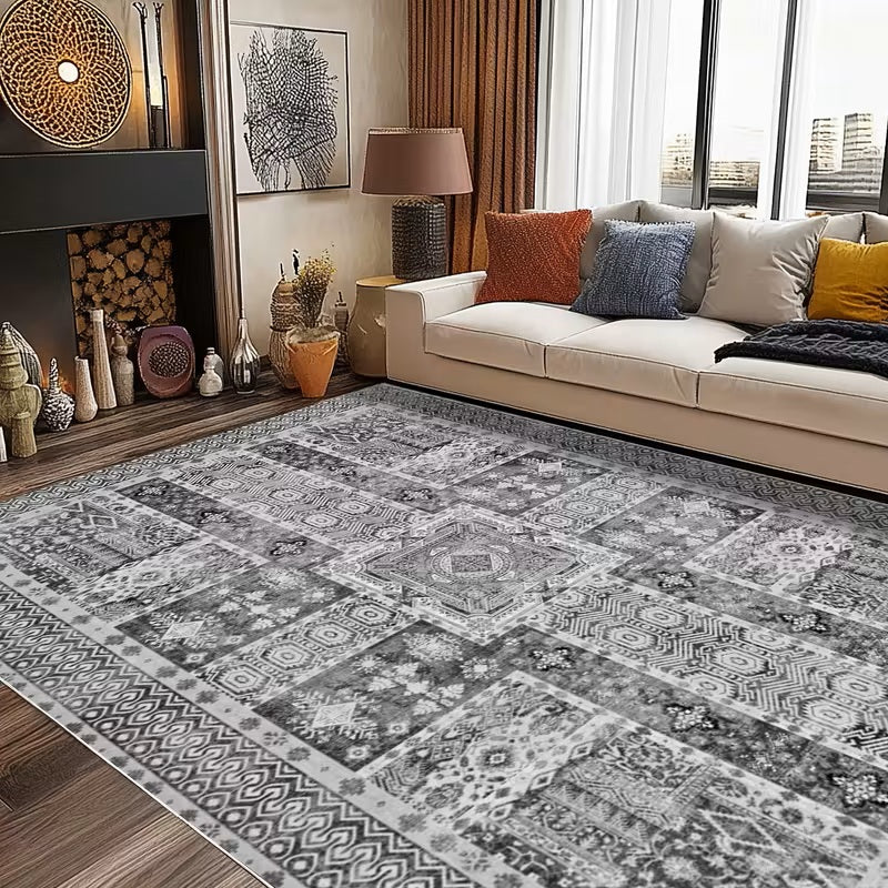 Grey Vintage Area Rug, Washable Non-Slip Boho Carpet for Living Room, Bedroom, Kitchen, Office