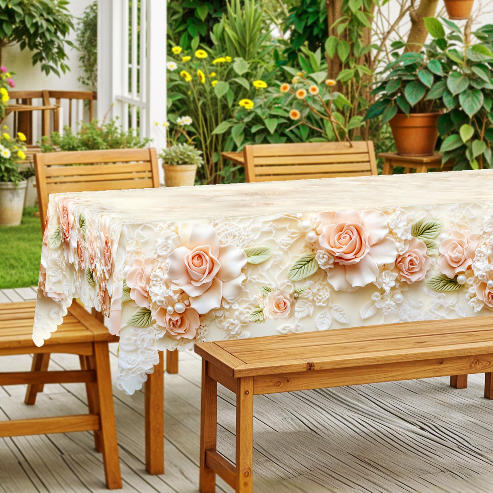 Floral Tablecloth with Colorful Flowers, Dustproof Easy-Care Dining Table Cover for Indoor Outdoor Use and Festive Home Decor