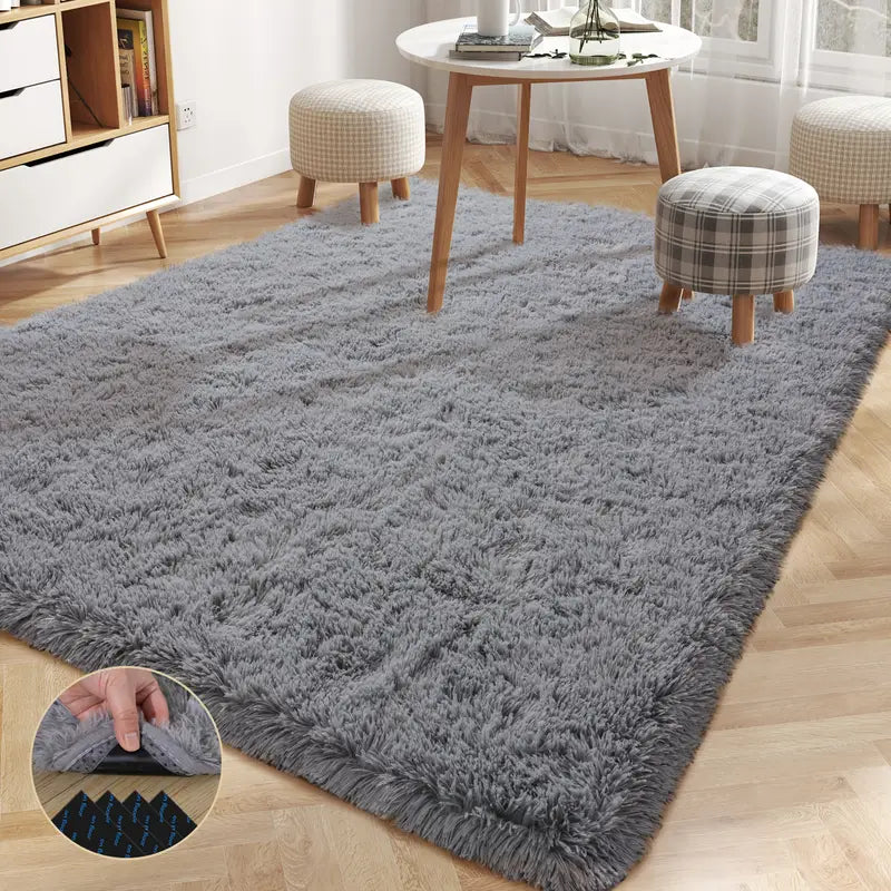 Gray Shag Area Rug, Ultra Soft 1.7" Plush, Non-Slip with Adhesive Pads, for Bedroom or Living Room