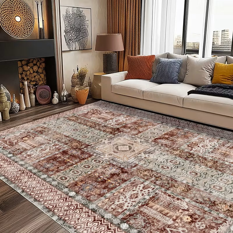 Vintage Floral Washable Area Rug, Non-Slip Low Pile Polyester Carpet for Living Room & Bedroom