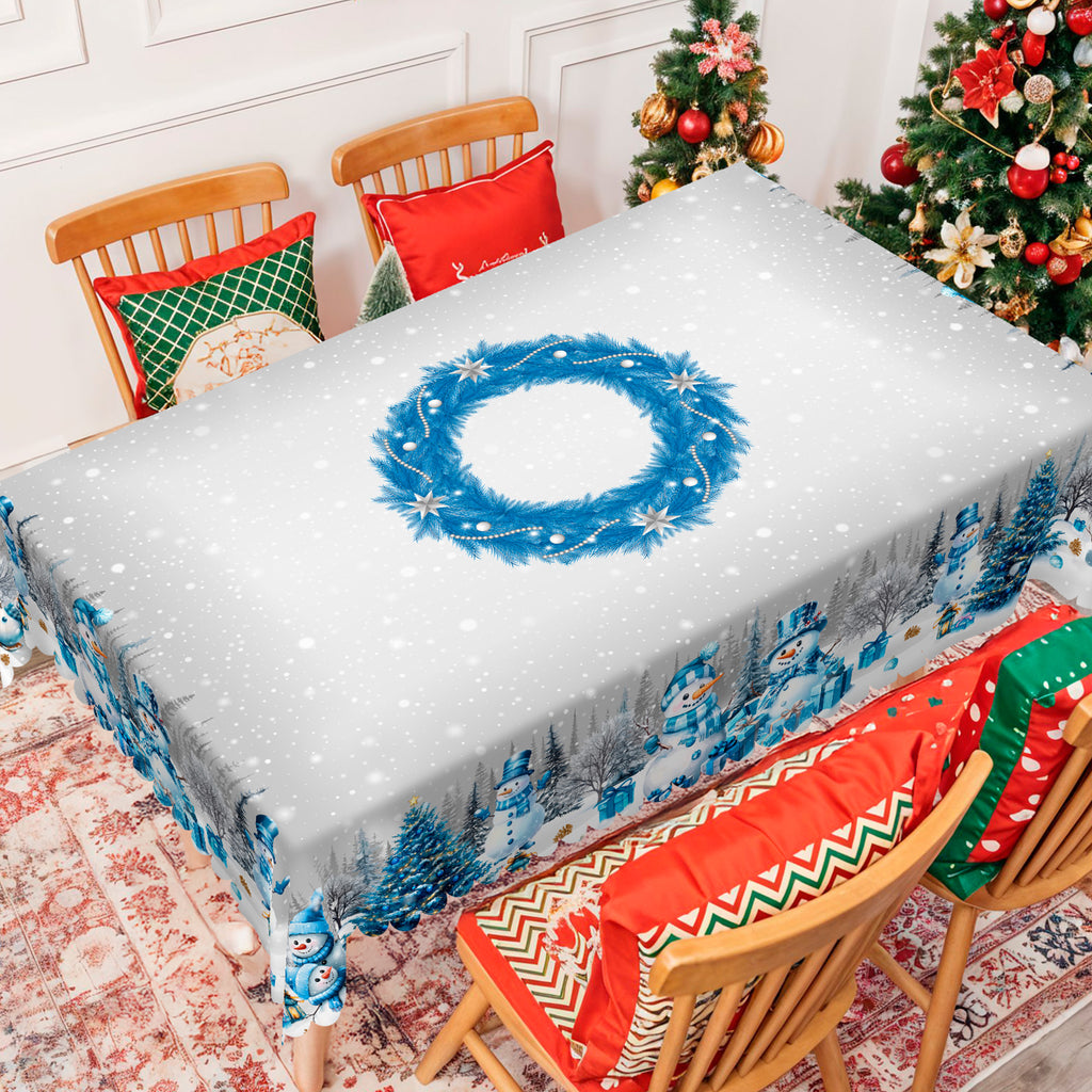 Christmas Tablecloth, Blue Snowman Snowflake Tablecloth, Washable Tablecloth for Winter Christmas Party Home Kitchen Decoration