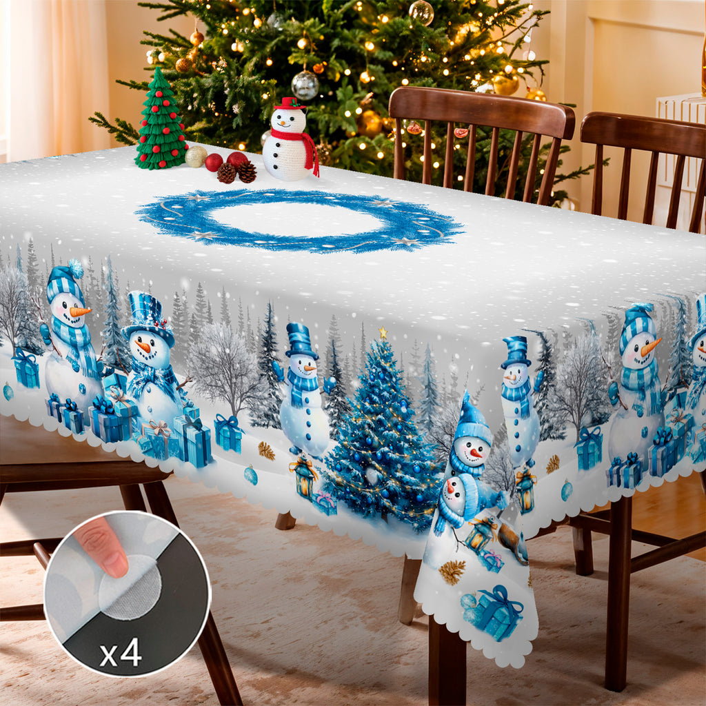 Christmas Tablecloth, Blue Snowman Snowflake Tablecloth, Washable Tablecloth for Winter Christmas Party Home Kitchen Decoration