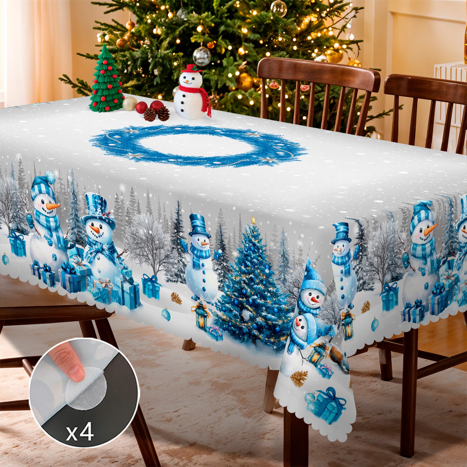 Christmas Tablecloth, Blue Snowman Snowflake Tablecloth, Washable Tablecloth for Winter Christmas Party Home Kitchen Decoration