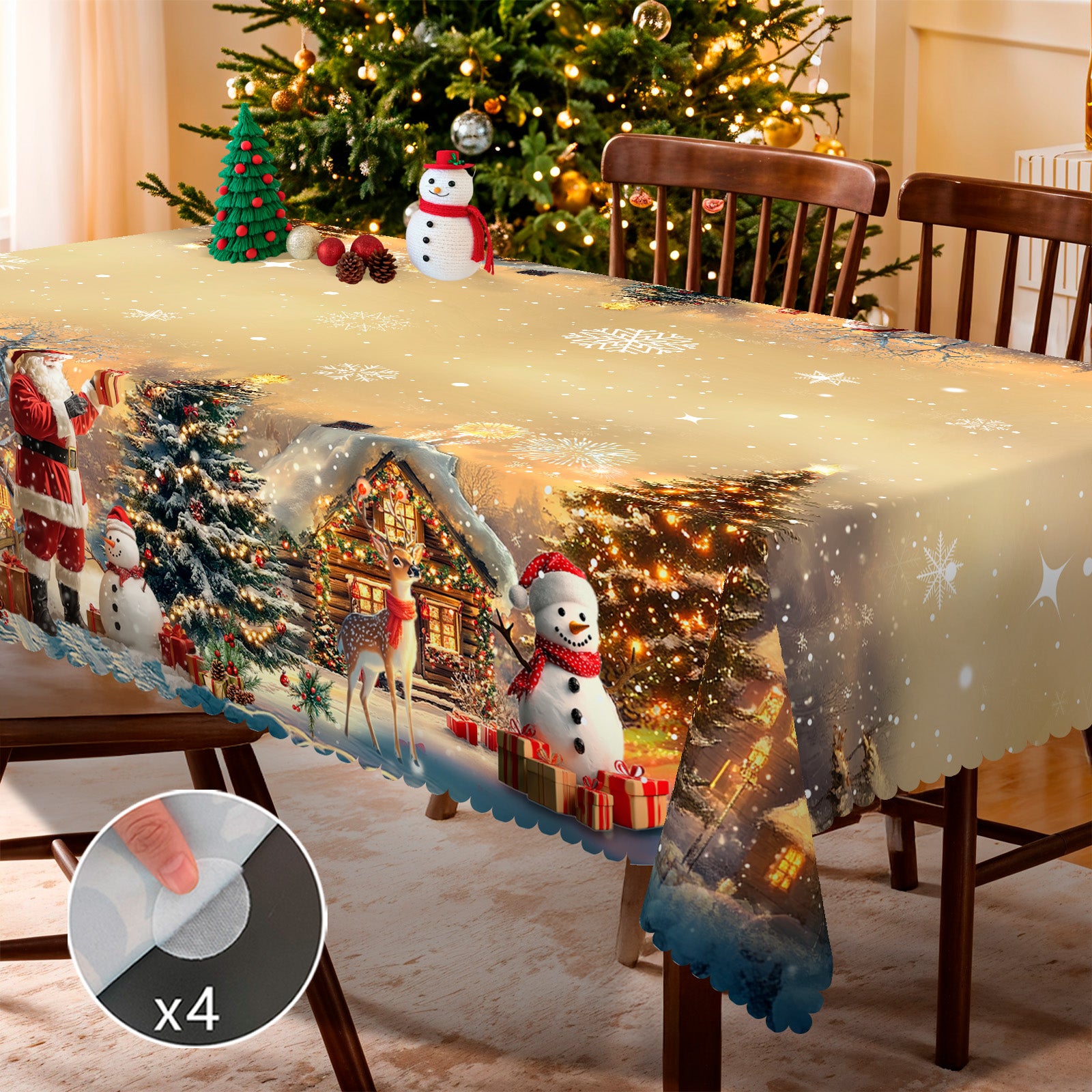 Christmas Tablecloth with Santa, Reindeer and Snowman Designs, Dustproof Dining Table Cover for Festive Holiday Decor