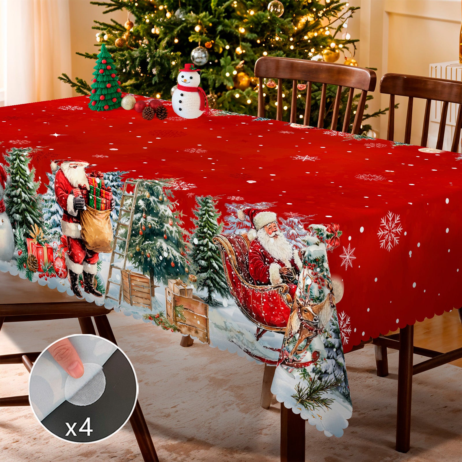 Christmas Tablecloth, Santa Claus and Christmas tree Stain-Resistant Table Cover for Dining Table Holiday Decoration
