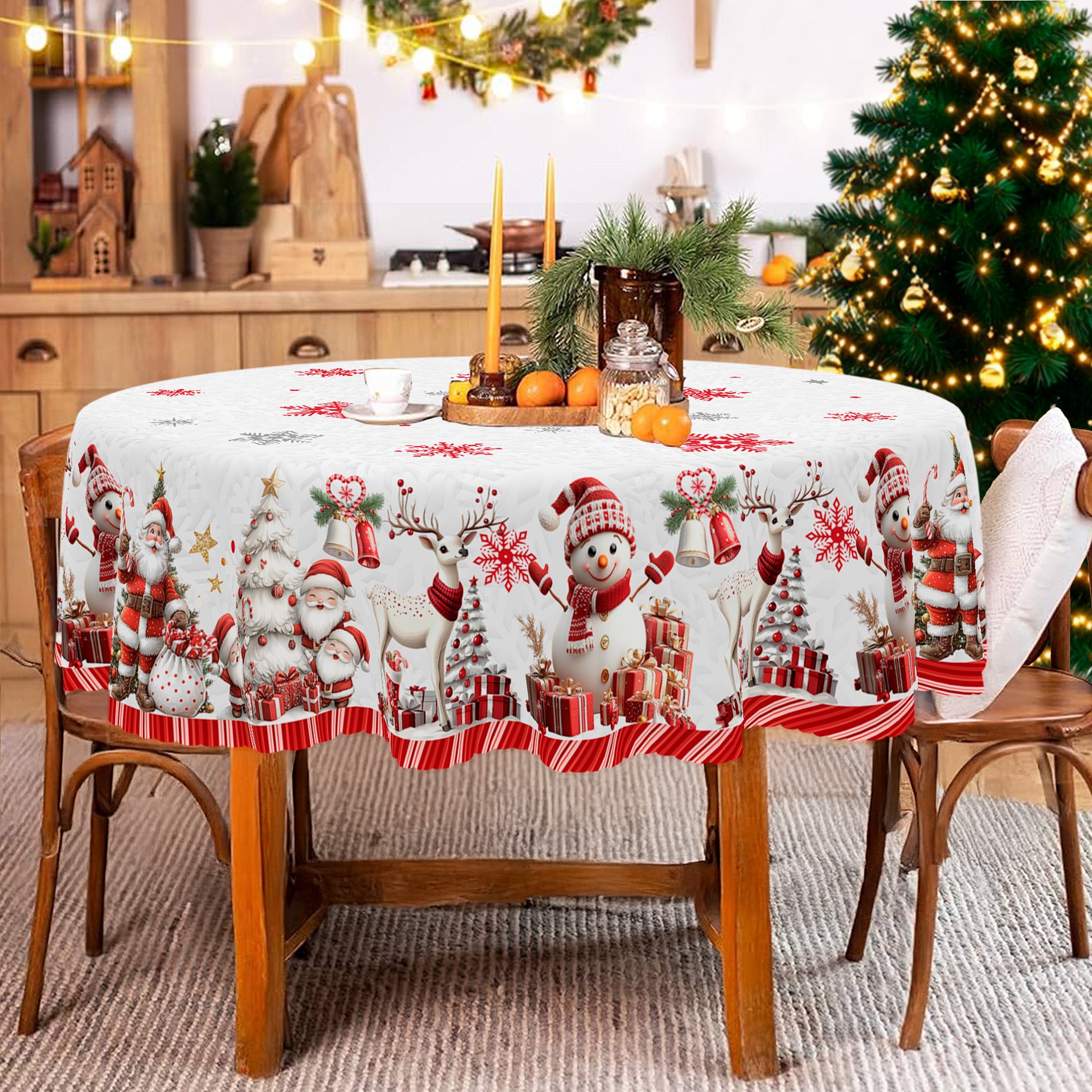 Christmas Tablecloth, Winter Snowman Christmas House Christmas Trees Tablecloth Washable Tablecloth for Party Picnic Dinner Decor
